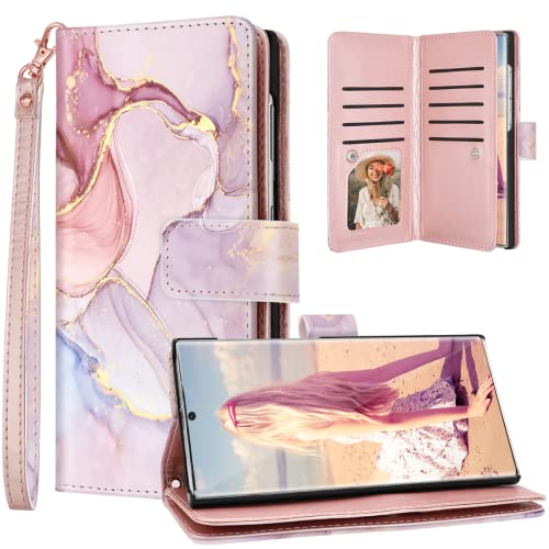 Fingic Galaxy S23 Ultra Wallet Case, 9-Card Holder, Detachable Strap, Rose Gold Marble, PU Leather, 5G (6.8")