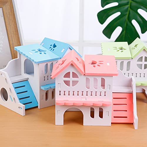 UKCOCO Wooden Hamster House, Small Animal Hideout Castle Double Deck Villa with Climbing Ladder Slide for Hamsters, Mice, Gerbils