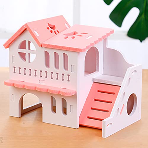 UKCOCO Wooden Hamster House, Small Animal Hideout Castle Double Deck Villa with Climbing Ladder Slide for Hamsters, Mice, Gerbils