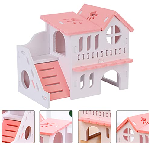 UKCOCO Wooden Hamster House, Small Animal Hideout Castle Double Deck Villa with Climbing Ladder Slide for Hamsters, Mice, Gerbils