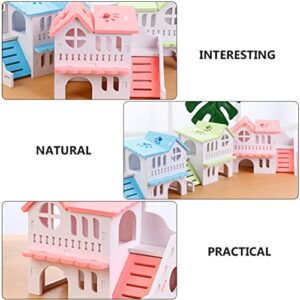 UKCOCO Wooden Hamster House, Small Animal Hideout Castle Double Deck Villa with Climbing Ladder Slide for Hamsters, Mice, Gerbils