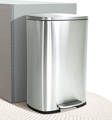 Kitchen Trash Can 13 Gallon with Lid, Foot Pedal, Inner Bucket Step Garbage Can, Fingerprint-Proof Stainless Steel Quiet-Close 50 Liter / Dog Proof