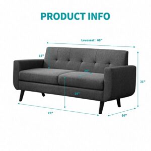 BALUS 68" W Loveseat Sofa, Mid Century Modern Couch, Small Couch Button Tufted Upholstered,Love Seat Couches for Living Room/Bedroom/Apartment/Small Space, Easy Assembly(Dark Grey)