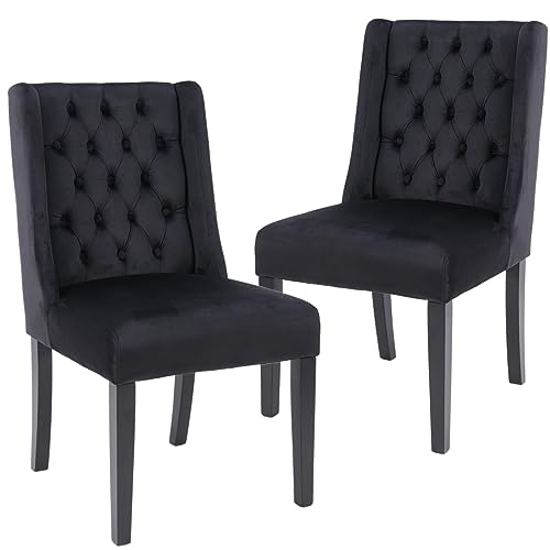 ZSARTS Upholstered Parsons Dining Chairs Set of 2, Modern Black Velvet Wingback Dining Room Chairs Tufted Kitchen Chairs with Solid Wood Legs for Kitchen Living Room (Black)