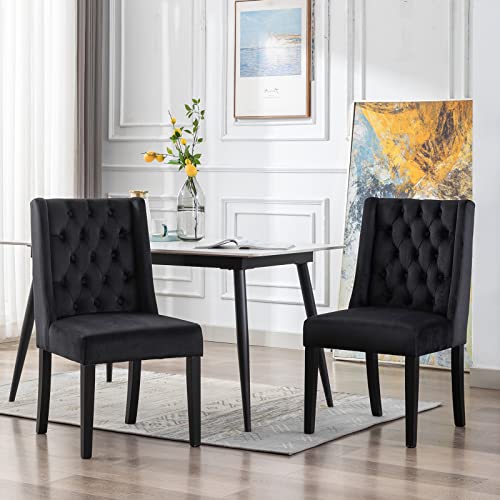 ZSARTS Upholstered Parsons Dining Chairs Set of 2, Modern Black Velvet Wingback Dining Room Chairs Tufted Kitchen Chairs with Solid Wood Legs for Kitchen Living Room (Black)