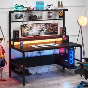 tribesigns 55 inch gaming desk with 2-outlet & 2 usb ports, large computer desk with monitor stand, ergonomic gamer table with metal storage basket, black