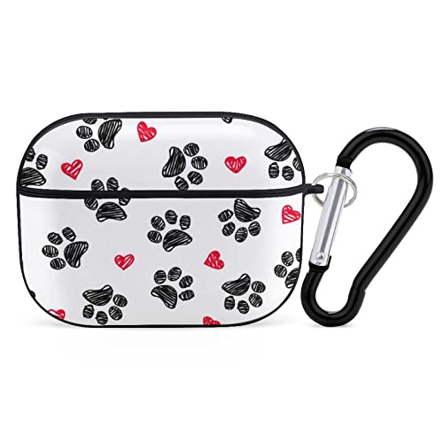 Women's Full Protective Plastic Case Compatible with AirPods Pro Case Cover with Keychain, Cute Headphone Case Skin Accessories Love Heart and Footprint Paw Print, Front LED Visible