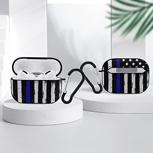 Shockproof Headphone Case Compatible with AirPods Pro Wireless Charging Case American Thin Blue Line Flag Police Pattern Black, Smooth Plastic Case Cover Accessory with Keychain