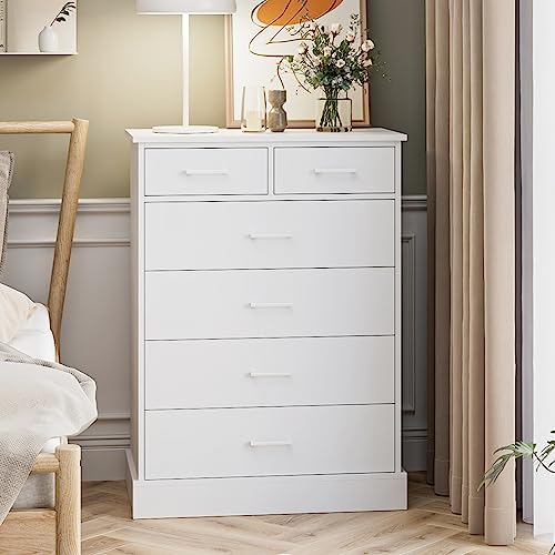 FOTOSOK 6 Drawer Dresser, White Dresser Tall Dresser Wood with Metal Handles, White Modern Chests of Drawer Tall White Dresser for Home, 15.7'' x 27.6'' x 37.8''