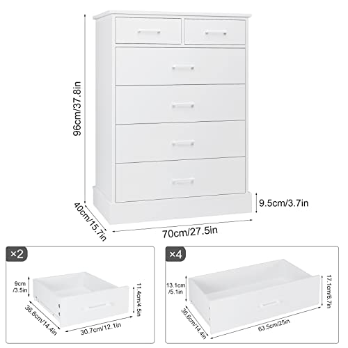 FOTOSOK 6 Drawer Dresser, White Dresser Tall Dresser Wood with Metal Handles, White Modern Chests of Drawer Tall White Dresser for Home, 15.7'' x 27.6'' x 37.8''