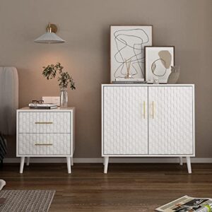 Accent Kitchen Storage Cabinet, Modern Sideboard Buffer Cabinet with Leather Embossed Decorated Doors,Storage Cupboard Console Table with Adjustable Shelves for Living Room Dining Room Kitchen, White