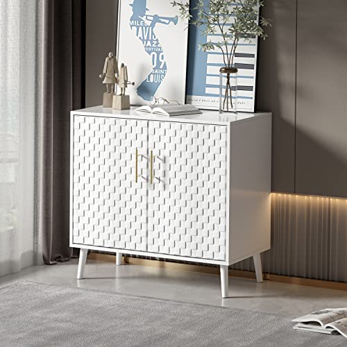 Accent Kitchen Storage Cabinet, Modern Sideboard Buffer Cabinet with Leather Embossed Decorated Doors,Storage Cupboard Console Table with Adjustable Shelves for Living Room Dining Room Kitchen, White