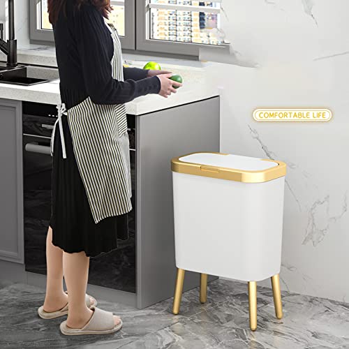 15L Bathroom Trash Can,Plastic Garbage Can with Push Button,Kitchen Trash Can with Lid, Large Capacity Slim Waste Basket with Legs for Kitchen, Home, Living Room, Toilet, Office (White)