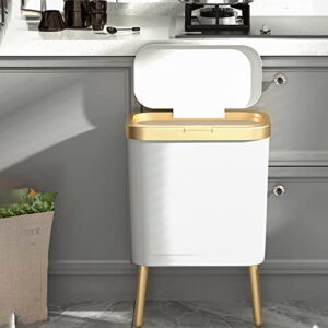 15L Bathroom Trash Can,Plastic Garbage Can with Push Button,Kitchen Trash Can with Lid, Large Capacity Slim Waste Basket with Legs for Kitchen, Home, Living Room, Toilet, Office (White)