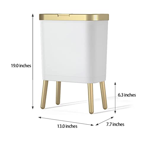15L Bathroom Trash Can,Plastic Garbage Can with Push Button,Kitchen Trash Can with Lid, Large Capacity Slim Waste Basket with Legs for Kitchen, Home, Living Room, Toilet, Office (White)