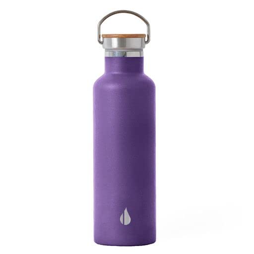 Elemental Classic Insulated Water Bottle, Leak Proof Thermos Water Bottle with Bamboo Lid and Metal Ring, Reusable Insulated Stainless Steel Water Bottle, 25oz - Purple