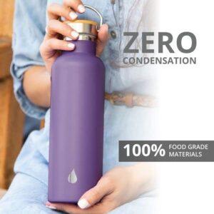 Elemental Classic Insulated Water Bottle, Leak Proof Thermos Water Bottle with Bamboo Lid and Metal Ring, Reusable Insulated Stainless Steel Water Bottle, 25oz - Purple