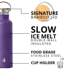 Elemental Classic Insulated Water Bottle, Leak Proof Thermos Water Bottle with Bamboo Lid and Metal Ring, Reusable Insulated Stainless Steel Water Bottle, 25oz - Purple