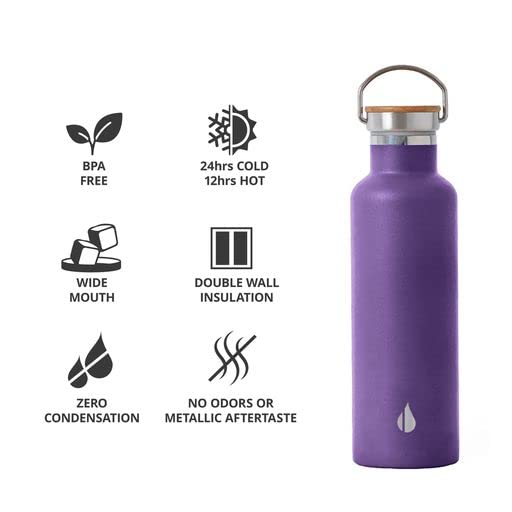 Elemental Classic Insulated Water Bottle, Leak Proof Thermos Water Bottle with Bamboo Lid and Metal Ring, Reusable Insulated Stainless Steel Water Bottle, 25oz - Purple