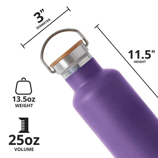 Elemental Classic Insulated Water Bottle, Leak Proof Thermos Water Bottle with Bamboo Lid and Metal Ring, Reusable Insulated Stainless Steel Water Bottle, 25oz - Purple