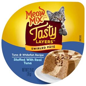 meow mix tasty layers swirled paté cat food, tuna & whitefish recipe in sauce stuffed with real tuna, 2.75 oz. cup, 12ct