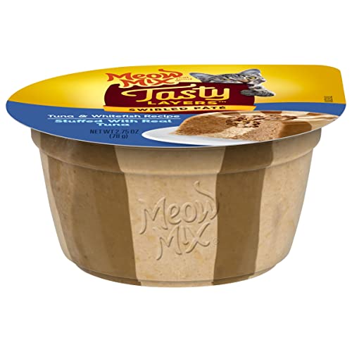 Meow Mix Tasty Layers Swirled Paté Cat Food, Tuna & Whitefish Recipe in Sauce Stuffed With Real Tuna, 2.75 oz. Cup, 12ct