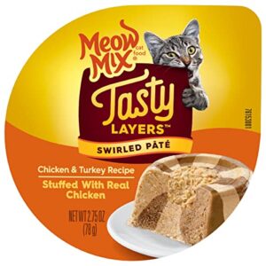 meow mix tasty layers swirled paté cat food, chicken & turkey recipe in sauce stuffed with real chicken, 2.75 oz. cup, 12ct