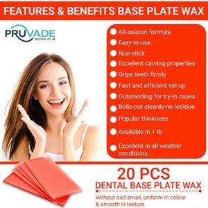 Pruvade Base Plate Wax | 20 Pack | Red Utility Bite Wax, Baseplate Wax - All Season Denture Casting Wax Sheets, Orthodontic Dental Wax, for Modelling | Filling | Lab Equipment - 1 Lb (20 Sheets)