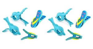 4 set (8 ct) 2x blue flipflop / 2x dolphin beach towel clips jumbo size for beach chair, cruise beach patio, pool accessories for chairs, household clip, baby stroller