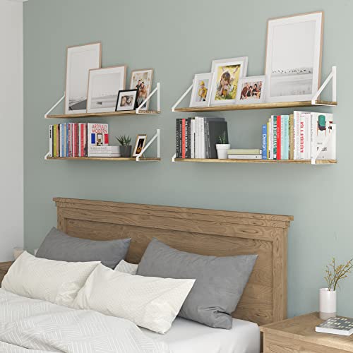 Wallniture Bora 36" Long Floating Shelves for Wall, Rustic Wall Shelves for Living Room, Wall Bookshelf, Kitchen Wall Shelf, Bathroom Shelves for Storage, Office Shelves Set of 4, Burnt