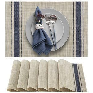 more décor dining table placemats, washable heat-resistant pvc vinyl table mats for dining room and kitchen, anti-slip - set of 6 - vertical striped blue - grey