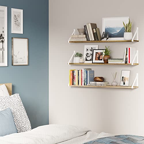 Wallniture Bora 36" Floating Shelves Wall Mounted, Wall Bookshelf, Rustic Shelves for Living Room, Bedroom Wall Shelves, Kitchen Wall Shelf White Bracket, Bathroom Wall Storage Shelf Set of 3, Burnt