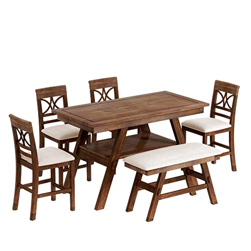 Merax 6-Piece Rustic Style Wood Counter Height Dining Table Set with Storage Shelf, Bench and 4 Chairs, Walnut+Beige