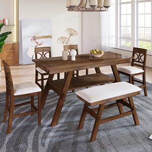 merax 6-piece rustic style wood counter height dining table set with storage shelf, bench and 4 chairs, walnut+beige