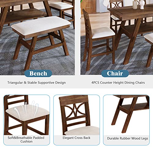 Merax 6-Piece Rustic Style Wood Counter Height Dining Table Set with Storage Shelf, Bench and 4 Chairs, Walnut+Beige