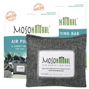 moso natural car air purifying bag. (2 pack) a scent free odor eliminator + air freshener for cars, trucks and suvs. premium moso bamboo charcoal odor absorber.