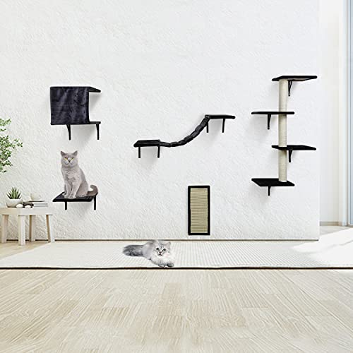 JIFULI 5 Pcs Wall-Mounted Cat Climber Set, Wood Indoor Furniture with Shelves and Perches, Ladder, Condo House, Scratching Board Tree, Wall Furniture, Black, (JFL-CT5P-GY)