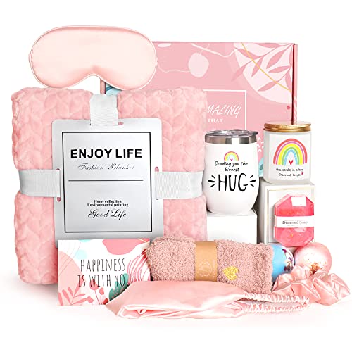 Get Well Soon Gifts for Women, 11 Pcs Care Package Gift Feel Better Get Well Basket After Surgery Recovery Self Care Gift Thinking of You Box with Blanket Tumbler for Women Sick Friends(Pink)