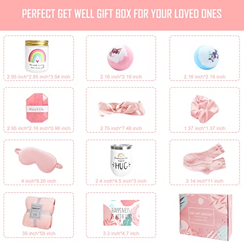 Get Well Soon Gifts for Women, 11 Pcs Care Package Gift Feel Better Get Well Basket After Surgery Recovery Self Care Gift Thinking of You Box with Blanket Tumbler for Women Sick Friends(Pink)