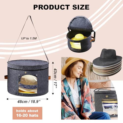 Hat Storage Organizer - 17 x 11 Inches - Hat Box for Travel with Viewing Window and Sturdy Felt - Cowboy Hat Holder and Carrier Hat Case for Sun Hats, Baseball Caps, Fedoras