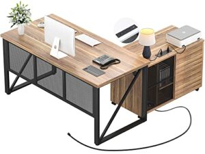 unikito 55 inch executive desk and lateral file cabinet, l shaped office desk with power outlet and usb port, large computer table home office furniture with drawers and storage shelves, rustic walnut