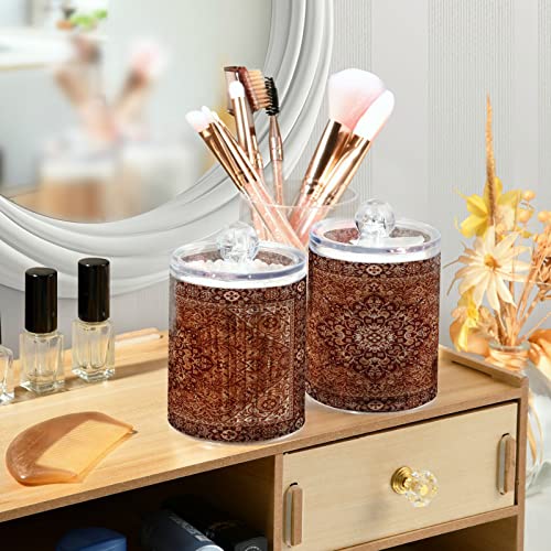 Kigai 2PCS Brown Persian Texture Qtip Holder Dispenser with Lids - 14 oz Bathroom Storage Organizer Set, Clear Apothecary Jars Food Storage Containers, for Tea, Coffee, Cotton Ball, Floss