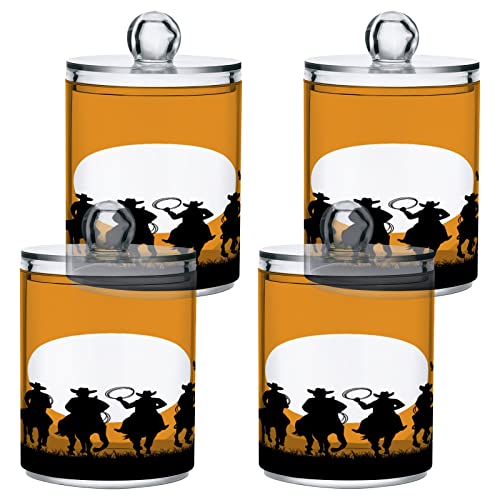 Kigai 4PCS Desert Cowboy Qtip Holder Dispenser with Lids - 14 oz Bathroom Storage Organizer Set, Clear Apothecary Jars Food Storage Containers, for Tea, Coffee, Cotton Ball, Floss