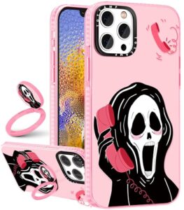 toycamp for iphone 12/12 pro case for women, cute girly print design for girls teens case with ring kickstand cover for iphone 12/12 pro (6.1inch) pink