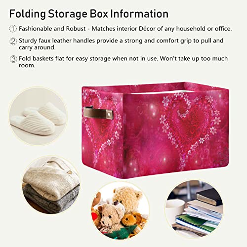 senya Valentine's Day Basket with Handles, Valentine's Day Love Heart Foldable Fabric Collapsible Storage Bins Organizer Bag for Storage Clothes