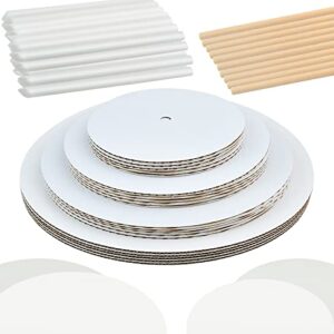 akamino 230 pcs cake boards tiering kit, 12 inch,10 inch, 8 inch, 6 inch round cake cardboard, parchment paper rounds with wooden dowels and straw dowels for wedding birthday party (white)