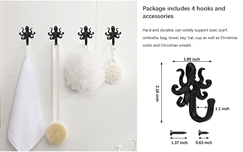 MUMIAO 5 Pack Coat Hooks Wall Storage Hooks – Decorative Wall Mounted Hooks Rustic Metal Clothing Hanger for Hanging Coats, Scarves, Bags, Purses, Backpacks Home Decor (Black Octopus)