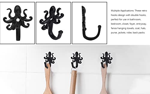 MUMIAO 5 Pack Coat Hooks Wall Storage Hooks – Decorative Wall Mounted Hooks Rustic Metal Clothing Hanger for Hanging Coats, Scarves, Bags, Purses, Backpacks Home Decor (Black Octopus)