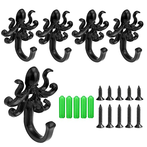 MUMIAO 5 Pack Coat Hooks Wall Storage Hooks – Decorative Wall Mounted Hooks Rustic Metal Clothing Hanger for Hanging Coats, Scarves, Bags, Purses, Backpacks Home Decor (Black Octopus)