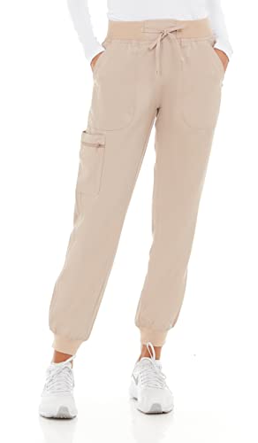 MediChic Mini Marilyn Knit Waist Scrub Joggers Pants with 4-Way Stretch Six Pockets Medical Nursing Slim Tapered Jogger Khaki